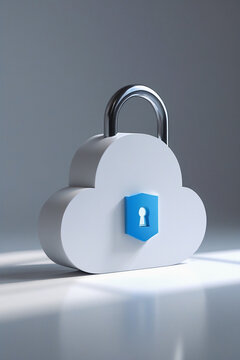 Minimalist 3D illustration of a secure enterprise cloud featuring a metallic padlock and blue access shield. Designed to represent cloud data protection, secure storage, cybersecurity infrastructure, 