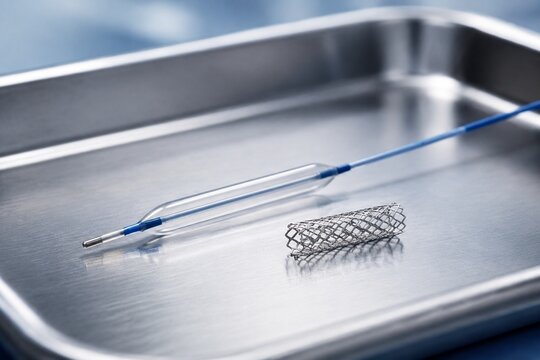 Slender balloon catheter and miniature stent on surgical tray, metallic shine.