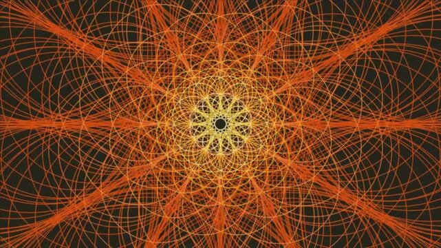 Animated orange geometric mandala pulsing on a dark background