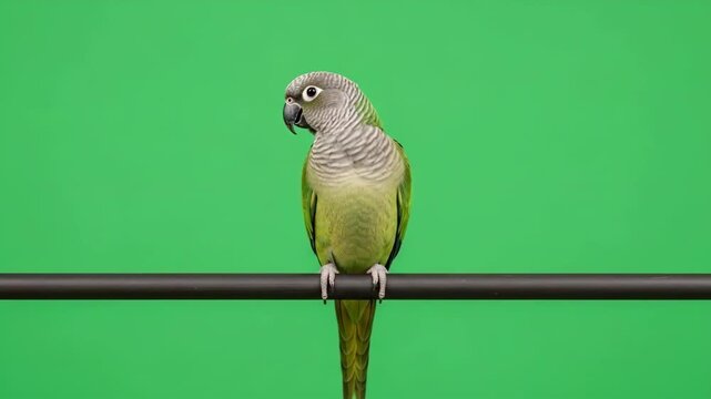 A green cheek conure perched gracefully against a vibrant solid green background