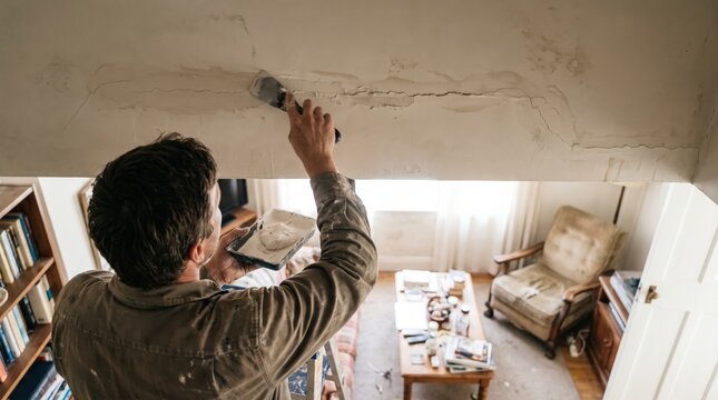 Professional Handyman or DIYer Repairing and Plastering a Damaged Cracked Ceiling in a Living Room