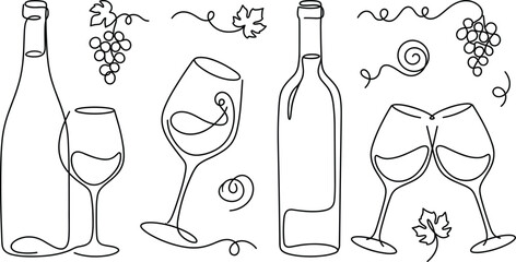 Continuous one line art wine bottle glass and grape vine elements for minimalist restaurant menu branding design © MDBABULU