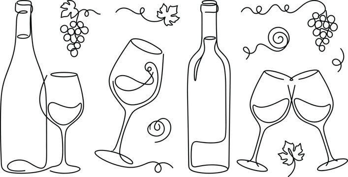 Continuous one line art wine bottle glass and grape vine elements for minimalist restaurant menu branding design