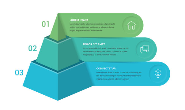 A three-dimensional pyramid infographic template featuring three layers and horizontal text containers