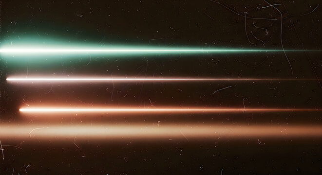 Three parallel horizontal beams of glowing neon light set against a dark textured background with vintage film grain and scratches