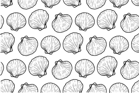 Seamless pattern of hand-drawn scallop seashells in black and white, nautical themed backgrounds