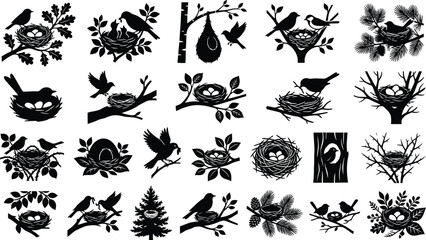 Black silhouettes of birds, nests, and trees on white background, various poses and arrangements bird silhouettes © hr graphics