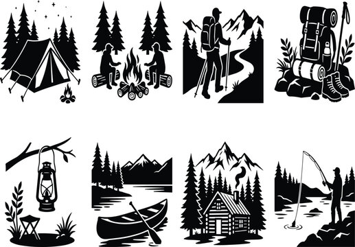 Black Silhouette Collection of Camping and Outdoor Adventure Scenes Featuring Hiking, Fishing, Canoeing, and Forest Life