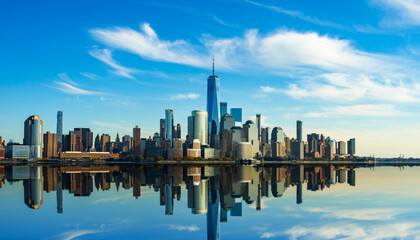 New York panorama with city skyline. New York harbor and buildings. New York City waterfront with...