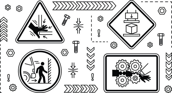 Industrial mechanical crush hazard and hand entanglement safety warning vector icon set featuring press machine gears