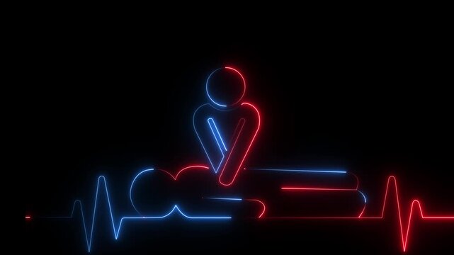 neon heartbeat icon animation. CPR chest compressions showing medical resuscitation technique for training, safety, and emergency education. CPR chest compressions heartbeat signal icon. 4k video.