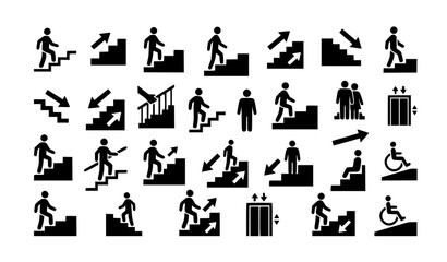 Fototapeta premium Stairs Direction Vector Icon Collection with Up and Down Person Symbols