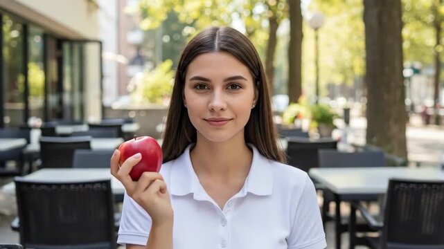 A young woman holding a fresh red apple at an outdoor cafe seating area