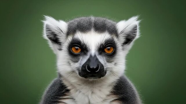 A close portrait of a ring-tailed lemur with striking bright orange eyes
