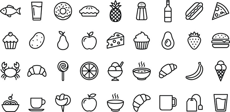 Grocery food and bakery restaurant line icon set featuring fruit dessert beverage and meal vector graphics
