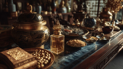 Fototapeta premium Elegant Collection of Antique Decorative Items and Trinkets Displayed on Wooden Surface