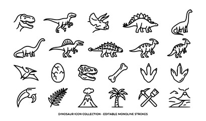 Minimal Dinosaur Monoline Icon Set Featuring Ancient Reptiles Fossils and Prehistoric Wildlife Vector © MdHacib