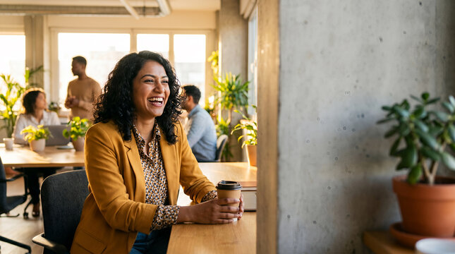 Laughing woman with coffee in modern coworking office
