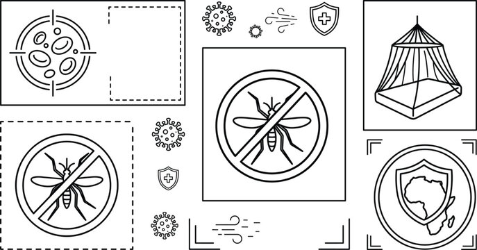 Mosquito prevention and malaria control vector icon set featuring net prohibition signs shield and blood cells
