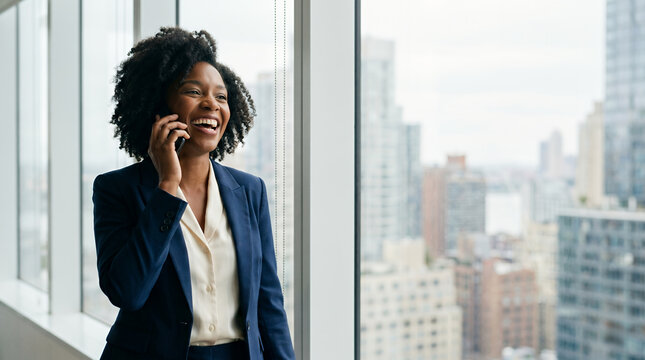 Businesswoman laughing on phone by city office window