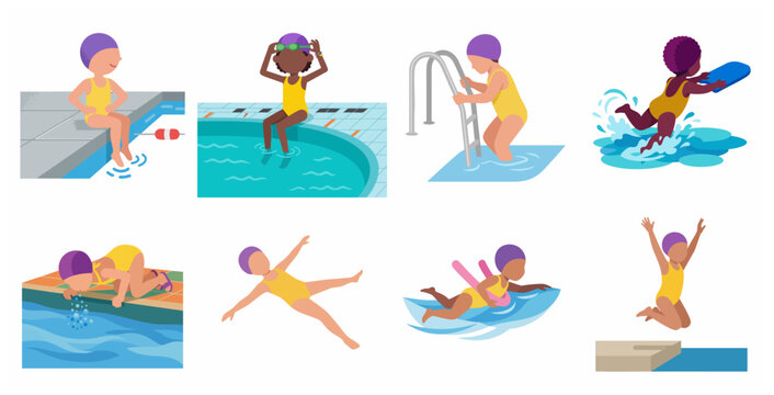 Set of diverse children characters learning to swim and enjoying water activities in a swimming pool
