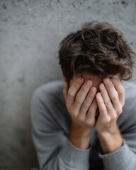 Fototapeta premium Man covers face with hands, showing distress. Grey sweater and messy hair. Wiry arms rest against concrete wall. Emotion suggests sadness or exhaustion. Ideal for mental health, stress