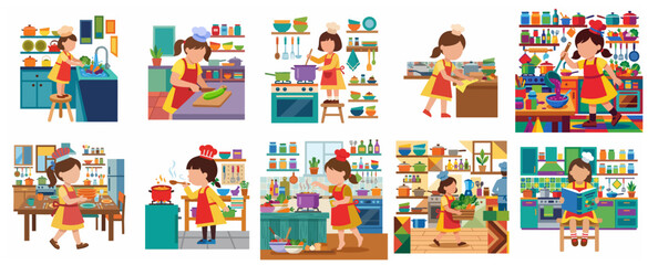 Fototapeta premium Set of cute little girl illustrations cooking and preparing healthy food in the kitchen