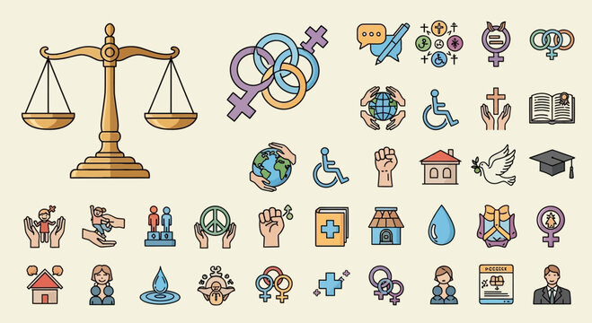 Justice symbols and social diversity icons are arranged together to represent equality and human rights.