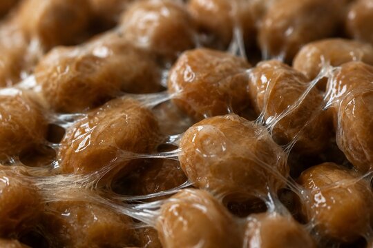 Extreme close-up of fermented soybeans with glossy, stringy mucus coating.