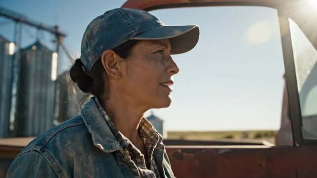 Female farmer standing by vintage truck at agricultural facility.