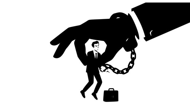 Tiny Businessman Restrained by Giant Hand Vector Illustration for Business Constraints