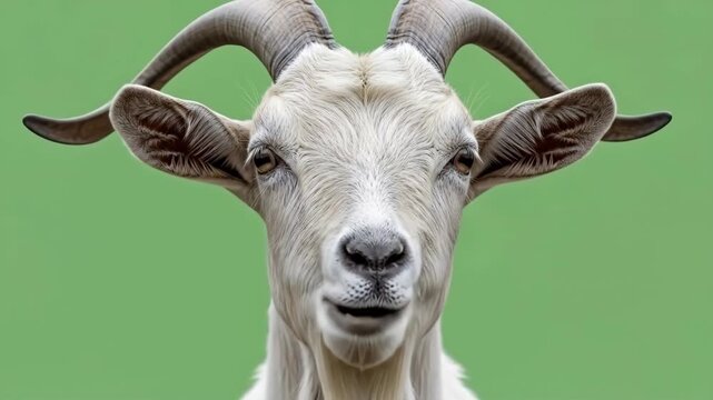 A close portrait of a white goat with large horns against a green background