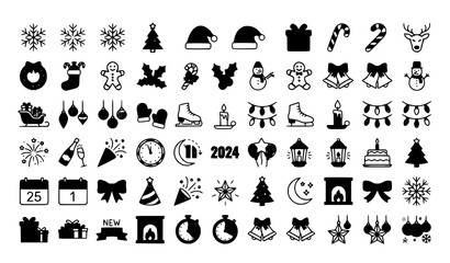 Fototapeta premium New Year and Christmas line web icon set vector illustration