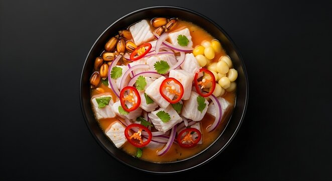 Peruvian Ceviche Mixto served in a dark shallow ceramic bowl over a solid black background, bright white cured fish cubes, vibrant red sliced rocoto chili, and large golden-orange cancha toasted corn 