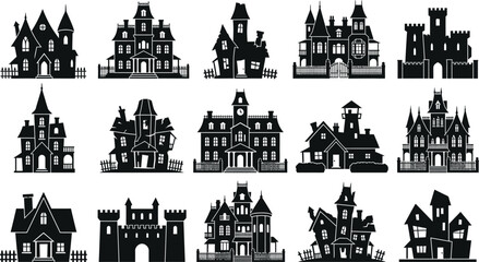 Black and white illustrated victorian style houses with ornate details architecture © Monir Creatives