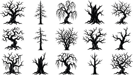 Black and white line collection of various tree types and styles forest nature © Monir Creatives