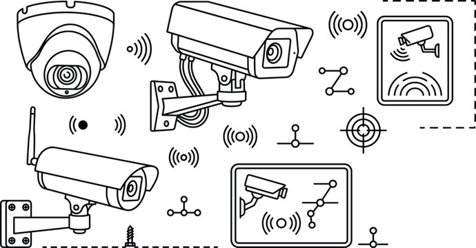 Wireless CCTV camera surveillance and network security monitoring vector icon set featuring dome bullet and screen signs