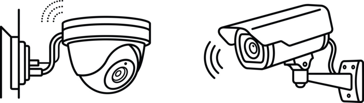 Wireless outdoor dome cctv camera and video security surveillance monitoring systems line art vector background icons set