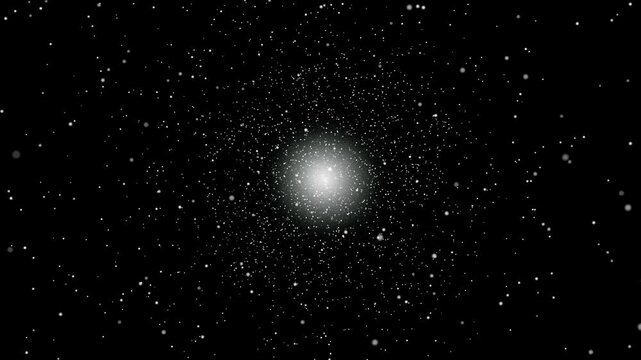 Abstract, smoothly looping animation. Tiny glowing white particles swirl around glowing center against black background. Сombination of chaos and harmony in seamless loop motion. 