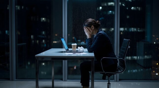 Tired worker facing psychological anxiety and panic disorder while analyzing documents on screen during night shift