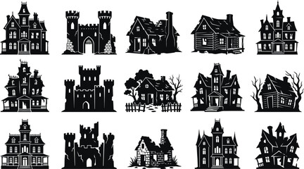 Black and white of various victorian style houses with ornate details architecture © Monir Creatives