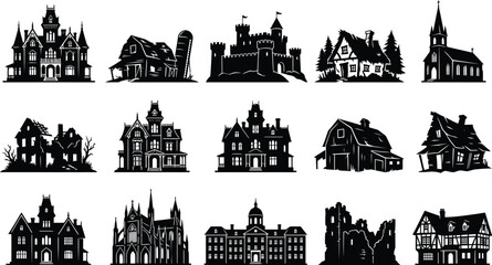 Black and white of victorian-style houses with spires and turrets © Monir Creatives