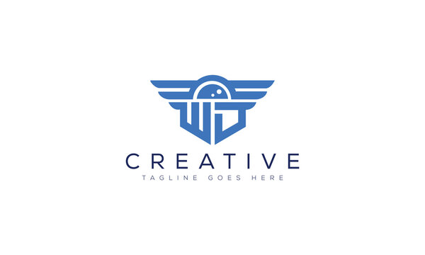 Blue wd letter logo design with wings and shield
