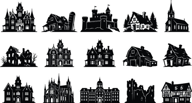 Black and white of victorian-style houses with spires and turrets