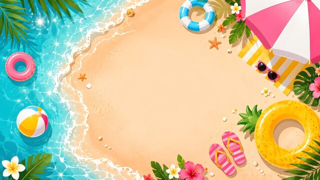 Beach summer background. Tropical vacation border with inflatables.