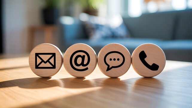 Wooden communication icons with email phone chat and contact symbols on desk