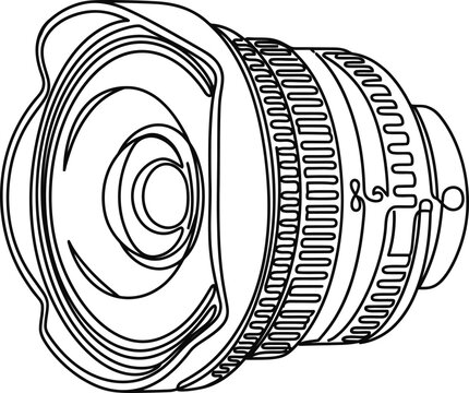 Continuous line art illustration of a professional camera lens.