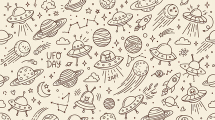 Whimsical doodle pattern of UFOs, rockets, planets, and stars, celebrating UFO Day with a playful cosmic theme. © Bara