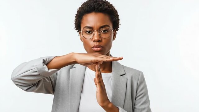 Serious young woman in professional attire making a time out hand gesture