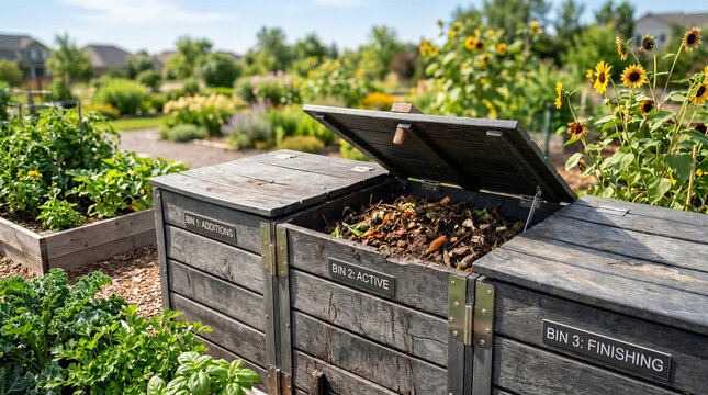 Compost bins filled with organic waste in a lush garden setting  